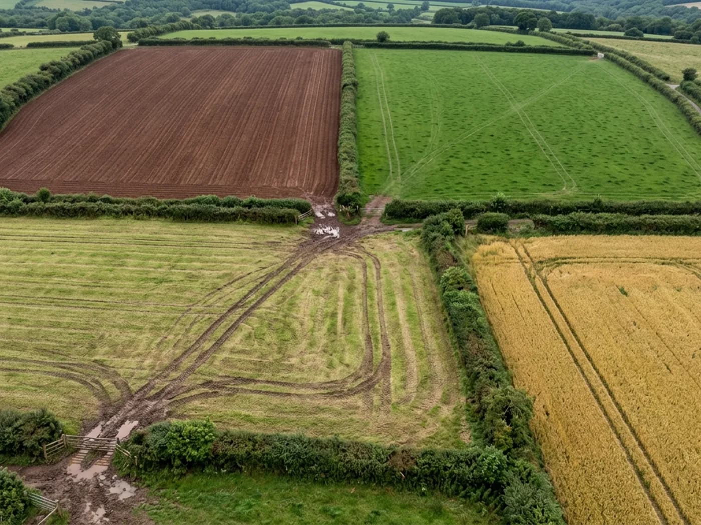 Four hedged Devon field parcels photographed straight down, one ploughed to bare red soil, one in grass, one cut for silage and one under a standing cereal crop