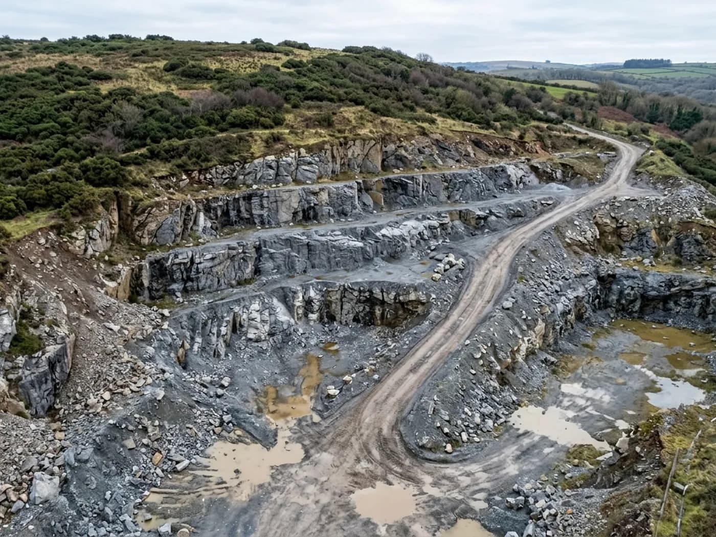 The stepped working face of a small Devon stone quarry from low height, with graded benches, loose scree at the toe and standing water in the floor of the pit