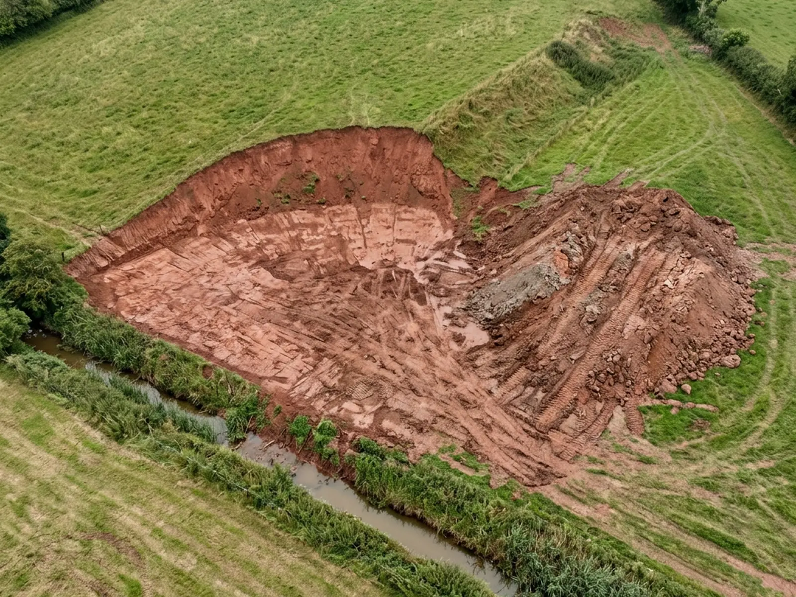 A parcel of sloping ground photographed straight down, with a cut earth bank, an excavated area of bare red soil, a tracked spoil heap and a drainage ditch along the lower edge